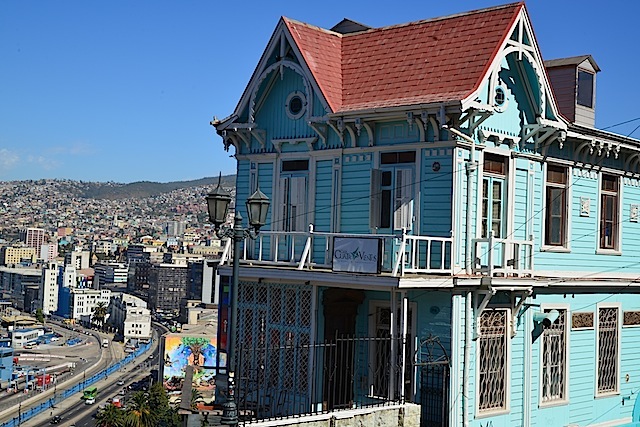 Historical blue house at Cerro Artilleria near the funicular