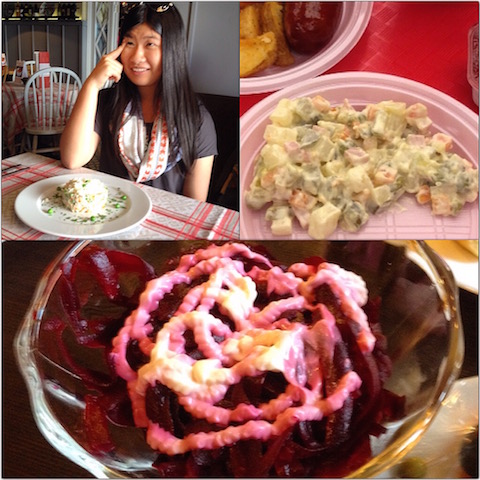Bethany ordered stolichny salad (top left), a non-authentic stolichny salad (top right) and my beet salad from the canteen.