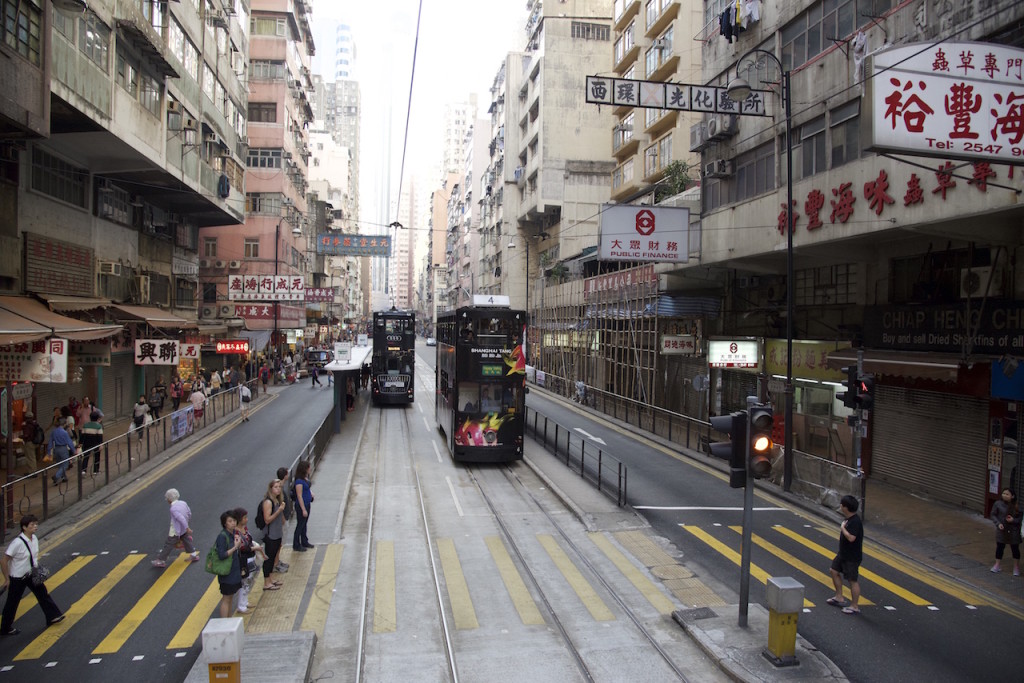Hong Kong Tram and station in the middle of the road