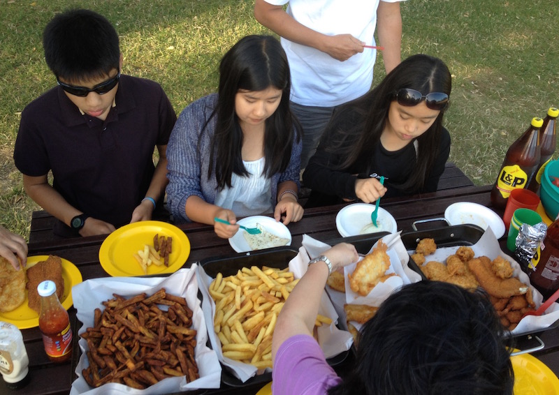 Fish and chips dinner with friends and family at Cornwall Park.