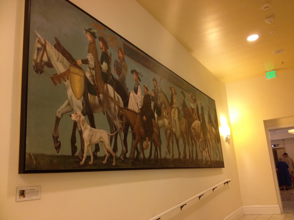 The Canterbury Mural was installed as a wallpaper backdrop behind the original check-in desk of this hotel before the renovation.
